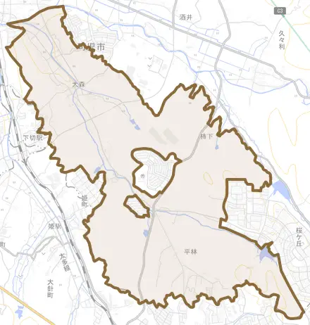 大森とその周辺の地図。町の範囲を重ねている