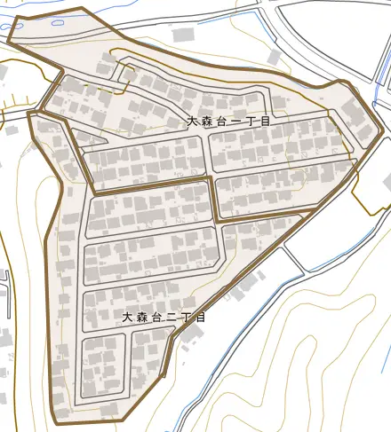 大森台とその周辺の地図。町の範囲を重ねている