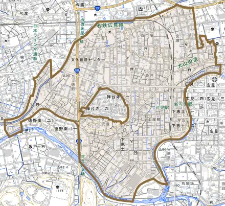 下恵土とその周辺の地図。町の範囲を重ねている