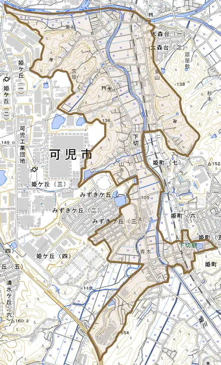 下切とその周辺の地図。町の範囲を重ねている