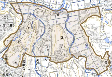 塩とその周辺の地図。町の範囲を重ねている