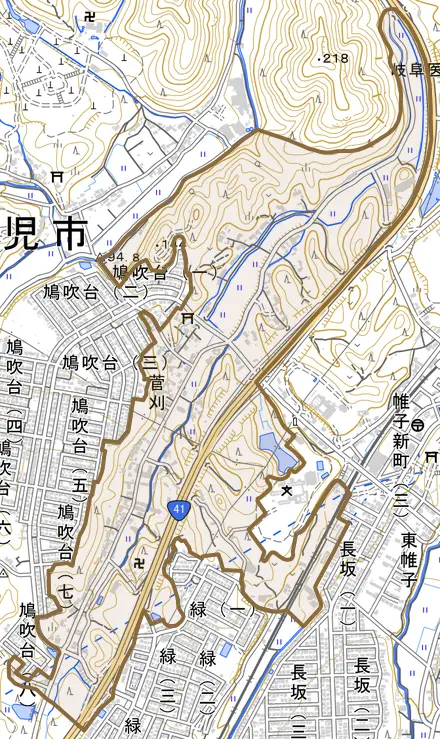 菅刈とその周辺の地図。町の範囲を重ねている
