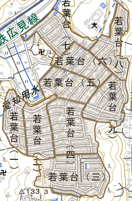 若葉台とその周辺の地図。町の範囲を重ねている