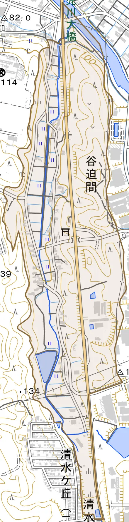 谷迫間とその周辺の地図。町の範囲を重ねている
