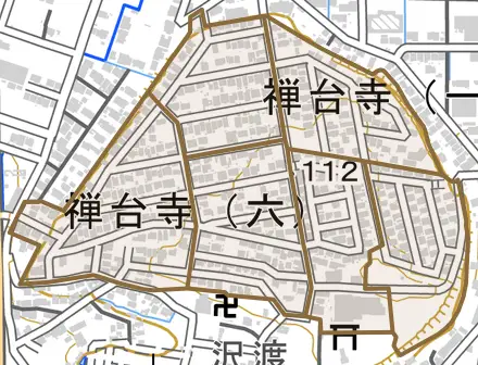 禅台寺とその周辺の地図。町の範囲を重ねている