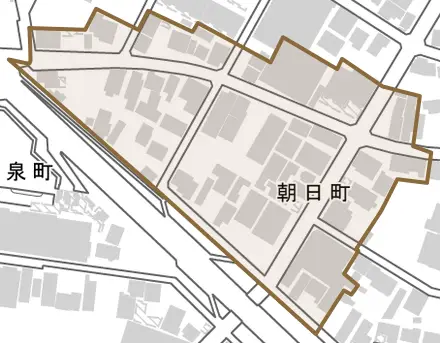 朝日町とその周辺の地図。町の範囲を重ねている