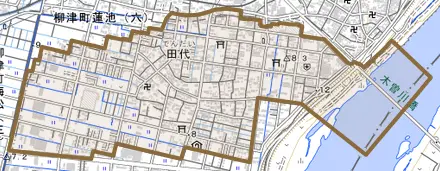 田代とその周辺の地図。町の範囲を重ねている