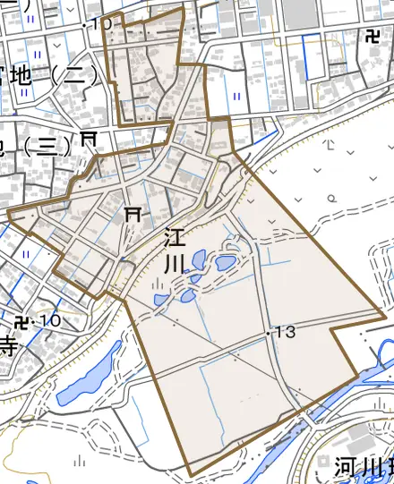 江川とその周辺の地図。町の範囲を重ねている