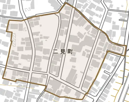 二見町とその周辺の地図。町の範囲を重ねている