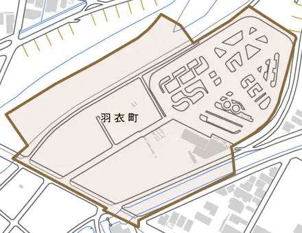 羽衣町とその周辺の地図。町の範囲を重ねている