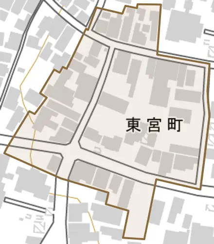 東宮町とその周辺の地図。町の範囲を重ねている