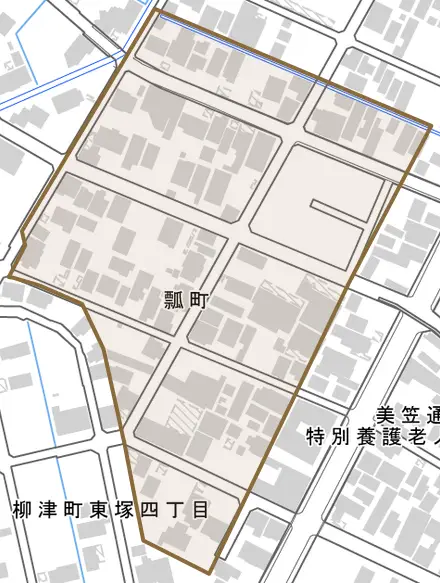 瓢町とその周辺の地図。町の範囲を重ねている