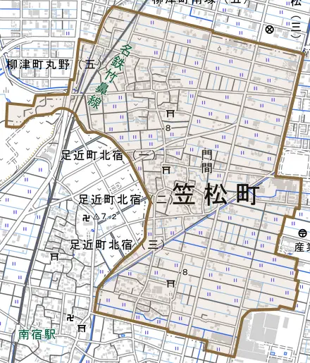 門間とその周辺の地図。町の範囲を重ねている