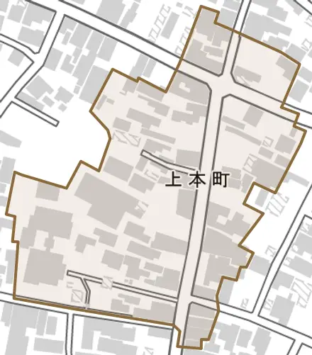 上本町とその周辺の地図。町の範囲を重ねている