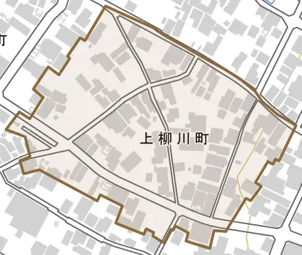 上柳川町とその周辺の地図。町の範囲を重ねている