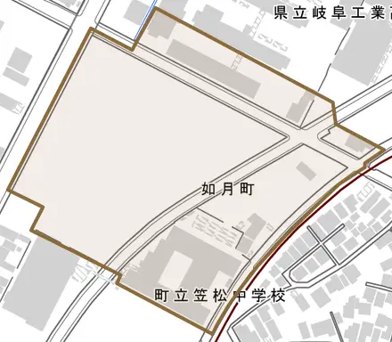 如月町とその周辺の地図。町の範囲を重ねている