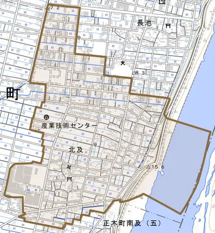 北及とその周辺の地図。町の範囲を重ねている