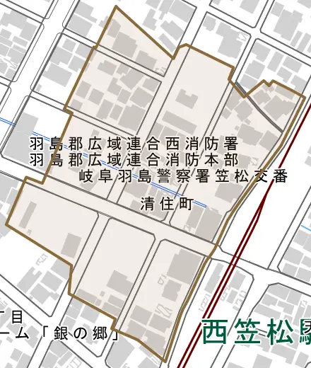 清住町とその周辺の地図。町の範囲を重ねている