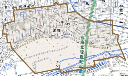 米野とその周辺の地図。町の範囲を重ねている