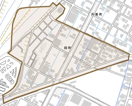 緑町とその周辺の地図。町の範囲を重ねている