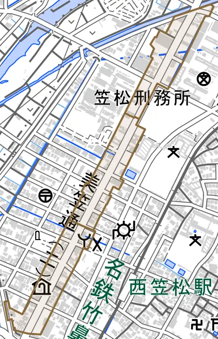 美笠通とその周辺の地図。町の範囲を重ねている