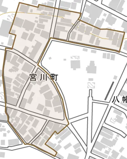 宮川町とその周辺の地図。町の範囲を重ねている