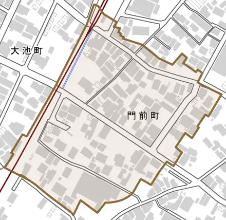 門前町とその周辺の地図。町の範囲を重ねている