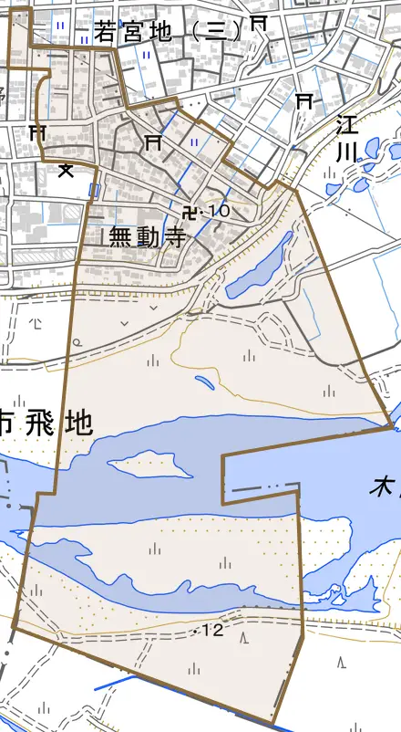無動寺とその周辺の地図。町の範囲を重ねている