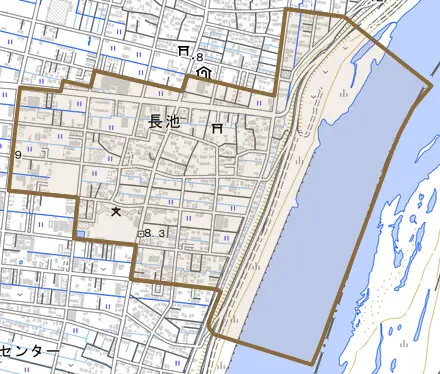 長池とその周辺の地図。町の範囲を重ねている