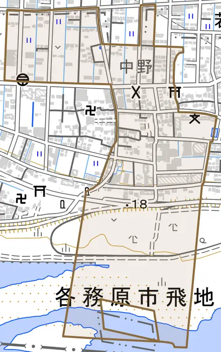 中野とその周辺の地図。町の範囲を重ねている