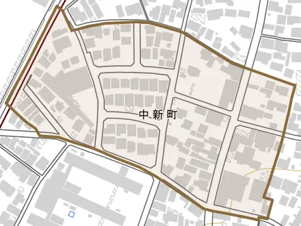 中新町とその周辺の地図。町の範囲を重ねている
