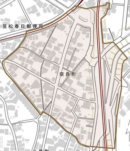 奈良町とその周辺の地図。町の範囲を重ねている