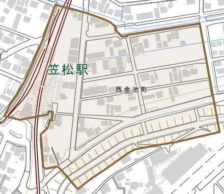 西金池町とその周辺の地図。町の範囲を重ねている