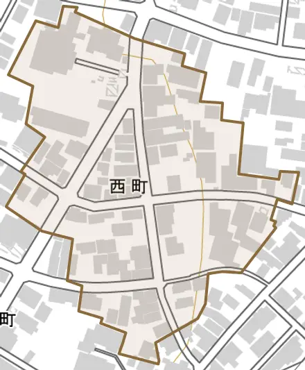 西町とその周辺の地図。町の範囲を重ねている