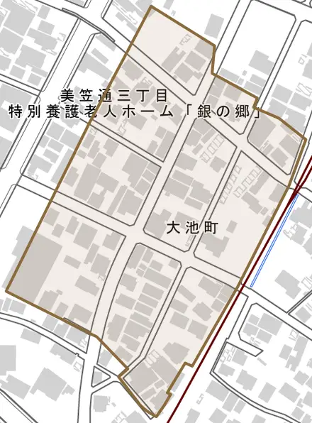 大池町とその周辺の地図。町の範囲を重ねている