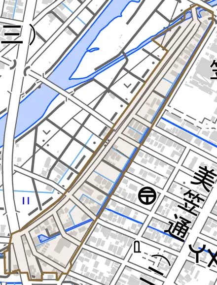 桜町とその周辺の地図。町の範囲を重ねている