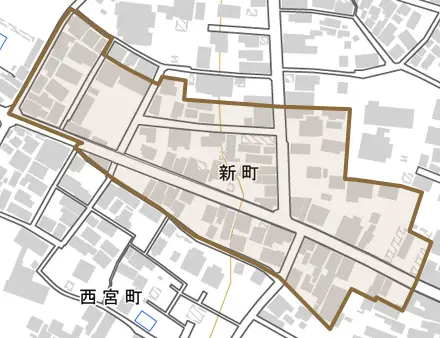 新町とその周辺の地図。町の範囲を重ねている