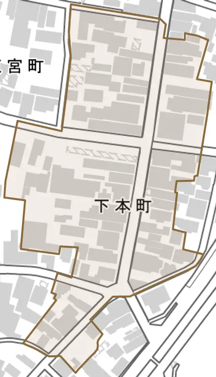 下本町とその周辺の地図。町の範囲を重ねている