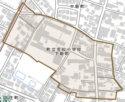 下新町とその周辺の地図。町の範囲を重ねている