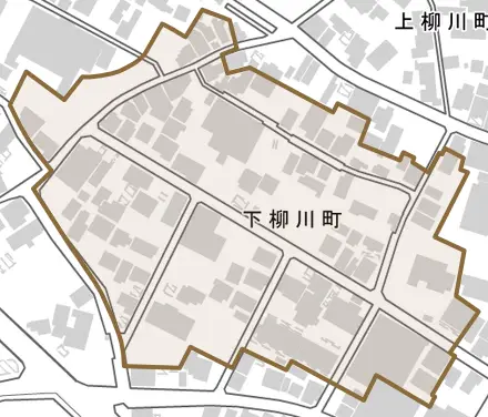 下柳川町とその周辺の地図。町の範囲を重ねている