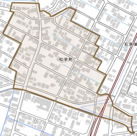 松栄町とその周辺の地図。町の範囲を重ねている