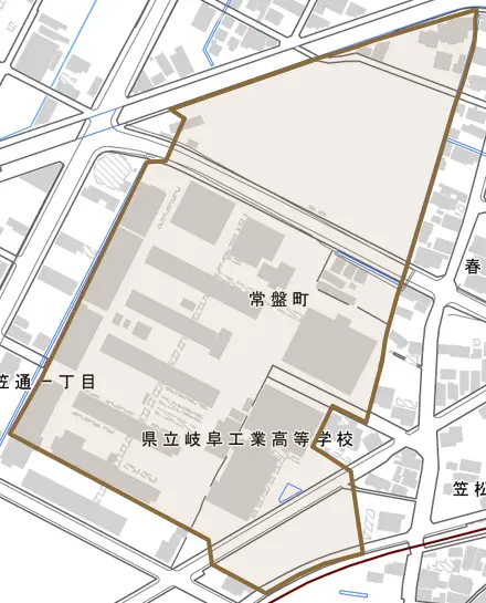 常盤町とその周辺の地図。町の範囲を重ねている