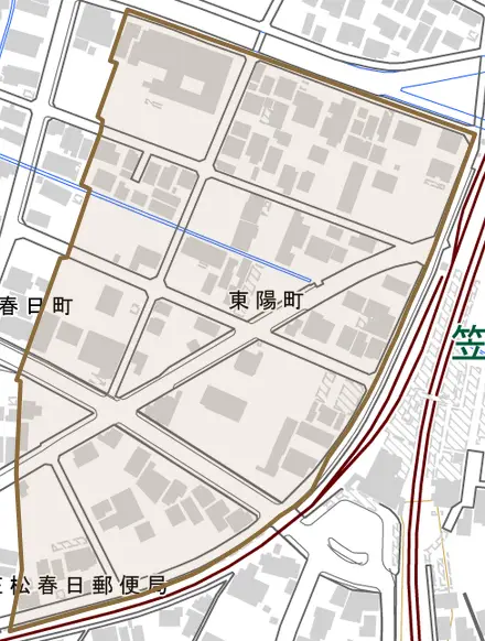 東陽町とその周辺の地図。町の範囲を重ねている