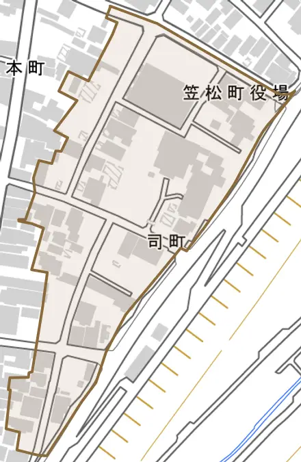 司町とその周辺の地図。町の範囲を重ねている