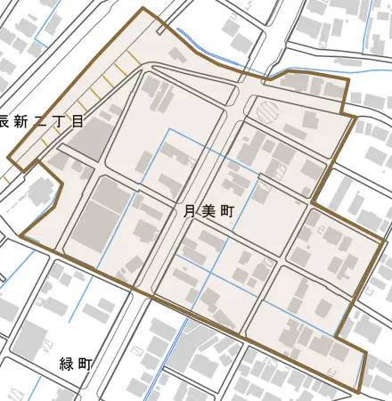 月美町とその周辺の地図。町の範囲を重ねている