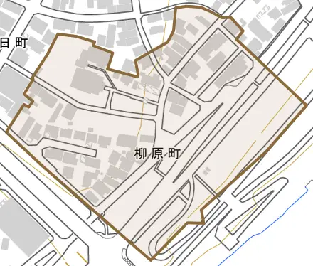 柳原町とその周辺の地図。町の範囲を重ねている