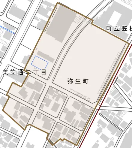 弥生町とその周辺の地図。町の範囲を重ねている