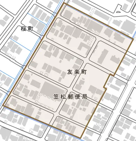 友楽町とその周辺の地図。町の範囲を重ねている