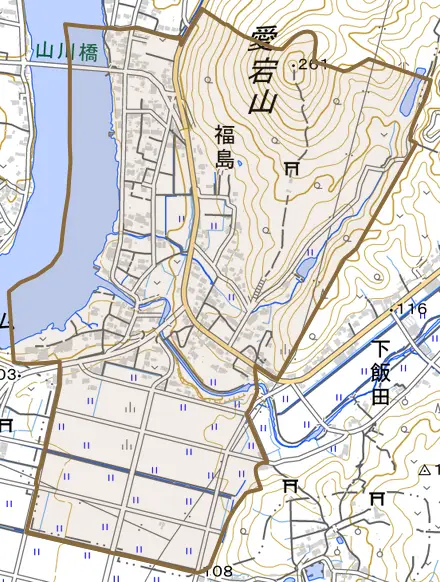 福島とその周辺の地図。町の範囲を重ねている