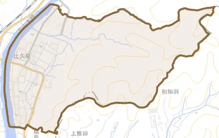 比久見とその周辺の地図。町の範囲を重ねている